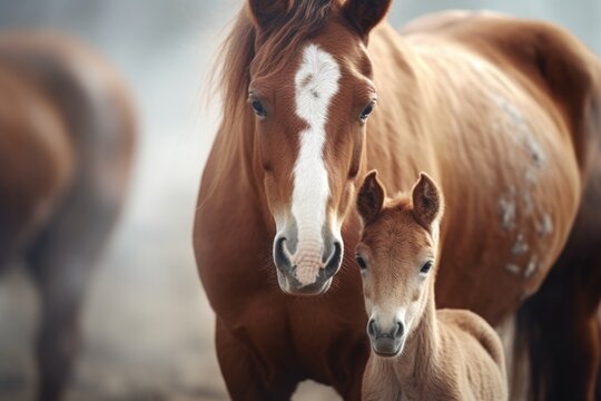 A brown horse standing next to a baby horse. This adorable duo makes a perfect picture for animal lovers. Ideal for use in children's books, farm-related content, and nature-themed designs.