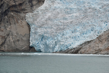 A glacier has reached the waters of Prince Christian Sound, Greenland.