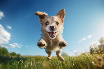 A delightful pet canine joyfully leaps and runs across the sunlit green grass on a pleasant afternoon. A healthy, cheerful, and lively dog.