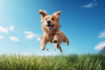 An adorable pet pooch gleefully bounces and dashes across the lush green grass on a sun-drenched afternoon. A well-conditioned, cheerful, and energetic dog.