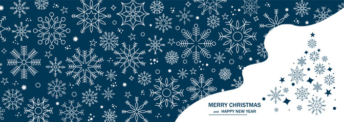 Winter background with snowflakes. Christmas tree. Christmas background for greeting card. New year and Christmas greeting card. Blue background. Vector illustration