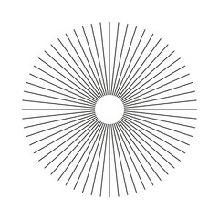Radial circle lines. Circular lines element. Outlined symbol of Sun star rays. Abstract geometric illusion shape. Spokes with radiating stripes. Flat design element. Vector graphic illustration.