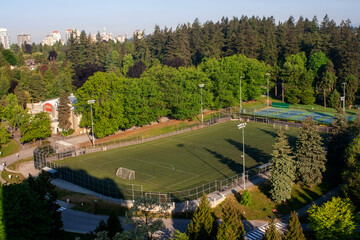 Aerial soccer field, Queen Park, New Westminster, British Columbia, Canada