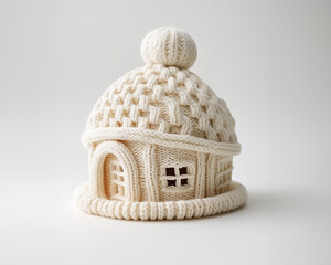 A house consisting of a knitted hat - real estate insulation concept.