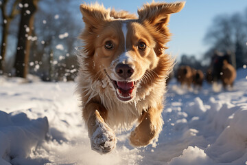 Joyful happy dog playing in the snow