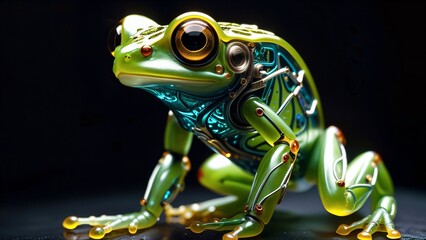 La grenouille futuriste, aux yeux orange incandescent, évolue avec grâce dans un écosystème mécanique, révélant une coexistence parfaite entre l'amphibien et la technologie avancée. - obrazy, fototapety, plakaty