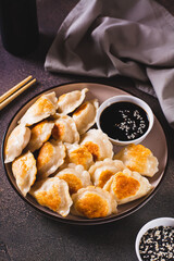 Crispy fried dumplings with soy sauce and sesame seeds on a plate vertical view