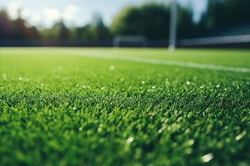 Football Soccer Field with Artificial Turf, Soccer Goal, Green Synthetic Grass, and Shadowy Goal Net