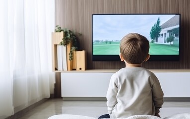 Fototapeta na wymiar Little boy watches tv at home