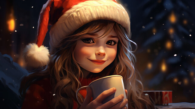 A little girl drinking a hot chocolate wearing a Santa Claus hat. Cute.