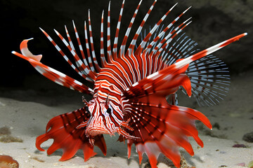 Red lionfish - one of the dangerous coral reef fish. Neural network AI generated art