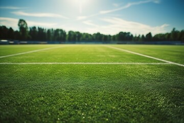 Green Synthetic Grass on Soccer Field with Shadow, Artificial Turf on Football Ground - obrazy, fototapety, plakaty