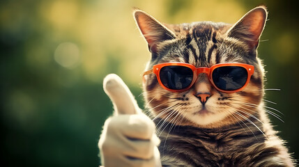 Cat wearing sunglasses and giving thumb up - obrazy, fototapety, plakaty