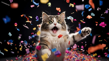 Happy cat jumping in confetti