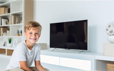 Fototapeta na wymiar Little boy watches tv at home