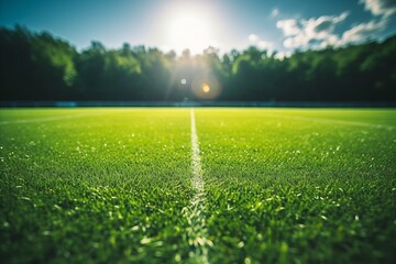 Synthetic Turf Football Field with Soccer Goal, Green Grass, and Goal Net Shadow - obrazy, fototapety, plakaty