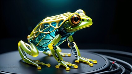 Le regard articulé de cette grenouille robotique jaune vif s'anime dans un ballet mécanique,...