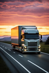 Loaded European truck on motorway in red, orange sunset light. On the road transportation and cargo. - obrazy, fototapety, plakaty