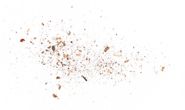 Wood pieces and dust, crushed tree bark isolated on white background, organic texture, top view