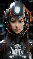  Futuristic robot in orange color helmet, looks like beautiful female face on isolated background....