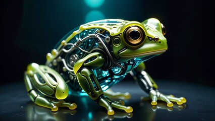 Dans un écosystème futuriste, la grenouille robotisée, aux yeux orange éclatants, se déplace avec une agilité mécanique, fusion parfaite entre la nature sauvage et l'artificielle dans la jungle cybern - obrazy, fototapety, plakaty
