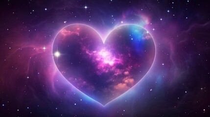Galaxy cosmic heart background. Bright stars night sky, romantic magic night, love and Valentine’s day card. Abstract Milky Way colorful cosmos illustration with glowing hearts. . - obrazy, fototapety, plakaty