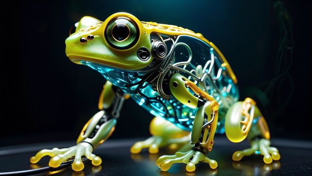 Avec des yeux &eacute;lectroniques d'un vert &eacute;clatant, cette grenouille hybride m&eacute;canique &eacute;volue dans un futuriste &eacute;cosyst&egrave;me cybern&eacute;tique, combinant la nature sauvage et la technologie.