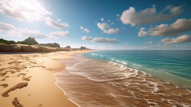 Sandy shores: Images portray pristine beaches with golden sand and clear blue waters, evoking a sense of relaxation and serenity. Generative AI