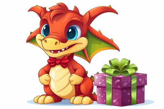 Cartoon dragon with gift box isolated on white background.