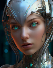 Neon blue futuristic robot in helmet, looks like beautiful female face on isolated background. AI Generative