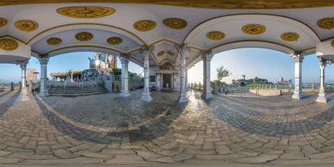 full 360 hdri panorama under roof of temple near tallest hindu shiva statue in india on mountain near ocean in equirectangular spherical projection - obrazy, fototapety, plakaty