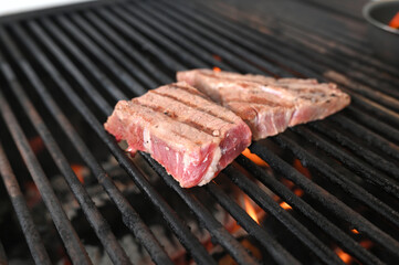 file ancho meat roasted on a charcoal barbecue lit wood with fire for roasting fish on the grill