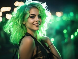 Beautiful smiling girl with green hair shade at green lights background. At music open air festival. Summer holiday, vacation concept.