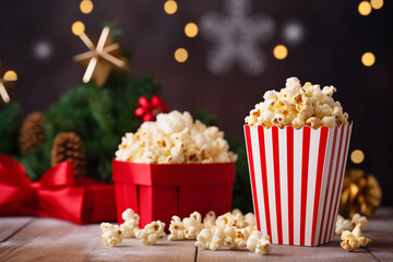 Fototapeta na wymiar Christmas popcorn in a popcorn box on a table with festive christmas decoratioin the background
