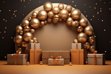 golden christmas 3d render podium decoration with xmas baubles and gift boxes