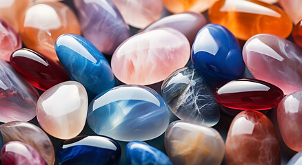 Colorful gemstones arranged close together in a pile, in the style of soft and rounded forms,...