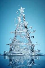 Christmas tree made of water 3d render design on blue background. Holiday season environment effect. 
