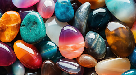 Colorful gemstones arranged close together in a pile, in the style of soft and rounded forms,...