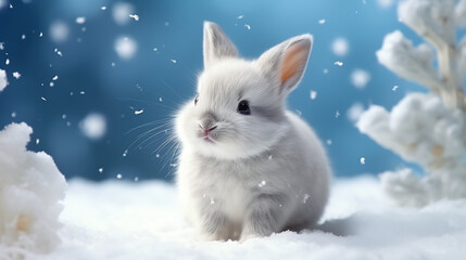 Cute baby rabbit in snow enjoying Christmas snowflake