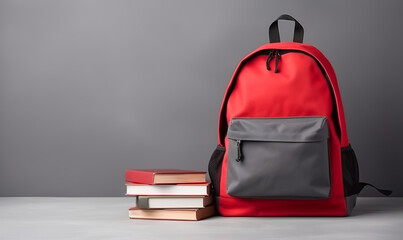 Full school backpack with books isolated on light grey background with copy space. Back to School concept