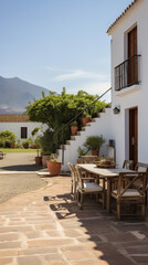 Fototapeta premium Farmhouse courtyard, a country-style flat-floor villa, front view of the house, long-range shooting
