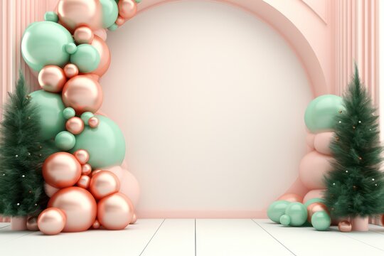 peach pink and mint color christmas decoration with podium. Festive holiday season arch with balls and xmas trees 3d render