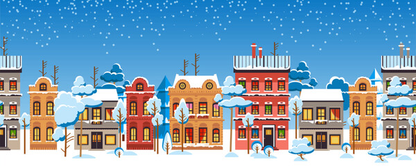 Seamless pattern winter landscape, Celebrating Christmas and New Year. Panorama. Seamless border with winter cityscape. Snowy night in a cozy city. Winter Christmas Village NIGHT landscape. - 684339009