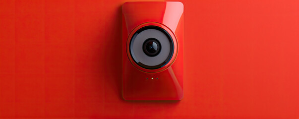 Detail on modern doorbell with mounted video camera on red background.