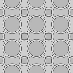 Grey figures background. Overlapping circles texture. Ethnic motif. Seamless surface pattern design with circular quilts ornament. Digital paper with rings for textile print, web designing. Vector