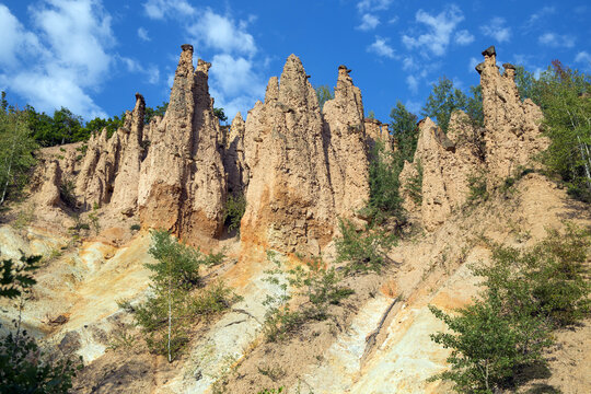 Amazing landscape of rock formation Devil's town in Radan Mountain, Serbia. Background, wallpaper. Tall natural rock formations.