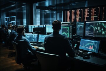 Back View of Diverse Crypto Traders Analyzing Reports for Rapid Growth in the Market