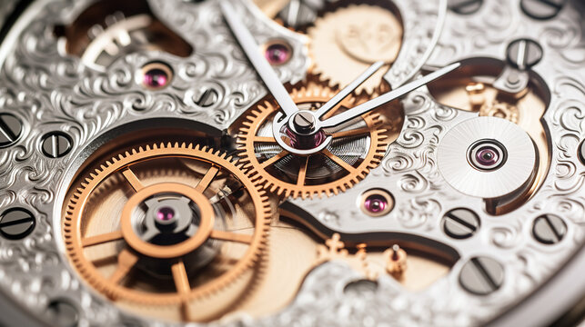 Watch gears, close-up photo style of ultrafine detail