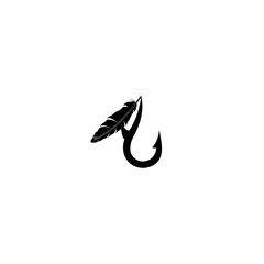Fishing hook with feather icon isolated on white background