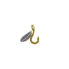Fishing hook with feather icon isolated on white background